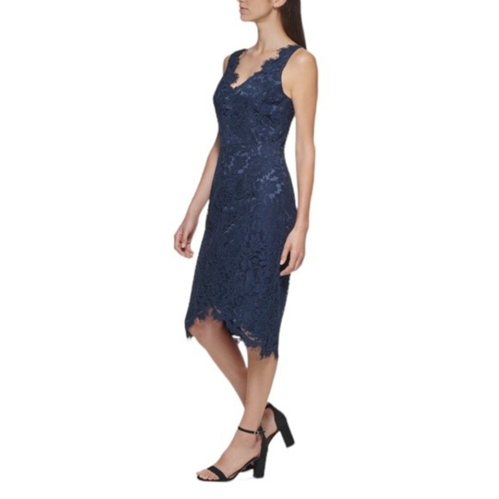 NWT ELIZA J | Navy Lace Frayed Floral Sleeveless V Neck Formal Hi-Lo Dress 8 - Picture 2 of 15